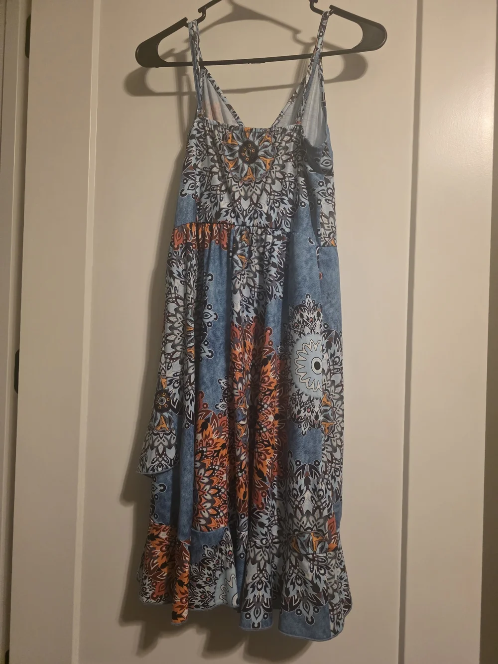 Blue Floral Wrap Sundress with Orange Accents